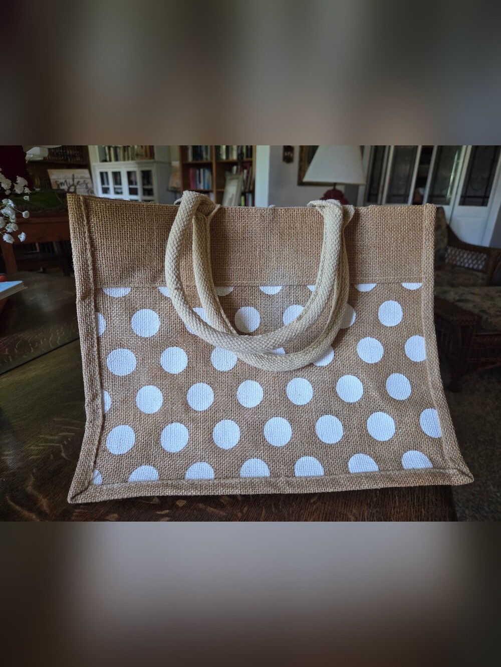 Polka Dot Jute Tote Bag in Natural and White